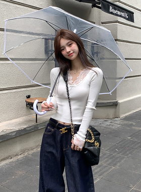 Adan心机蕾丝针织打底衫春季修身亲肤显瘦百搭叠穿短款内搭上衣女