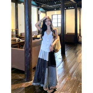 Adan 拼接碎花半身裙夏季新款复古高腰百搭设计感长款A字伞裙女