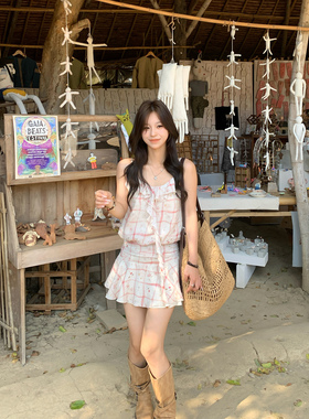 Adan 格纹印花荷叶边吊带裙夏季韩系气质显瘦低腰设计感连衣裙女