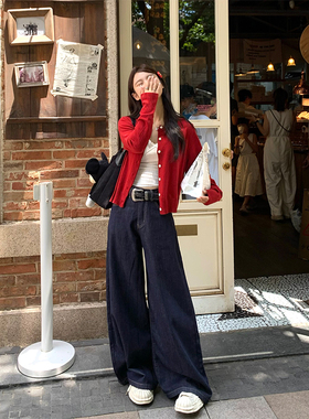 Adan美式藏青色大阔腿牛仔裤秋季韩版高腰显瘦百搭通勤拖地长裤女