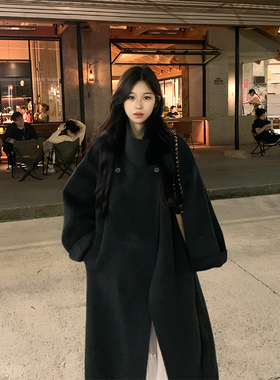 Adan 炭灰色立领双面呢大衣冬季复古韩系宽松百搭长款毛呢外套女