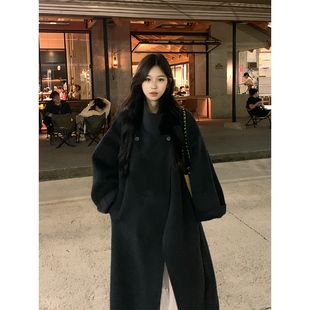 Adan 炭灰色立领双面呢大衣冬季复古韩系宽松百搭长款毛呢外套女