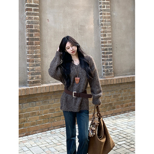 Adan复古麂皮腰带百搭休闲宽边设计感波西米亚棕色铆钉皮带配饰女