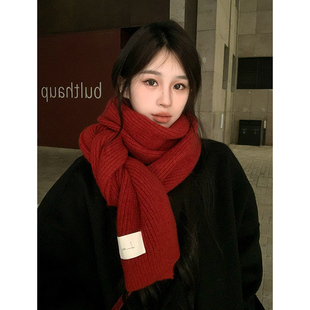 加厚保暖情侣圣诞新年红毛线围脖女 韩版 Adan 复古红粗线围巾冬季