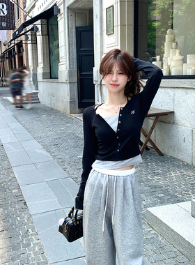 Adan 拼接假两件打底衫秋季bm风修身显瘦百搭挂脖挂脖长袖上衣女