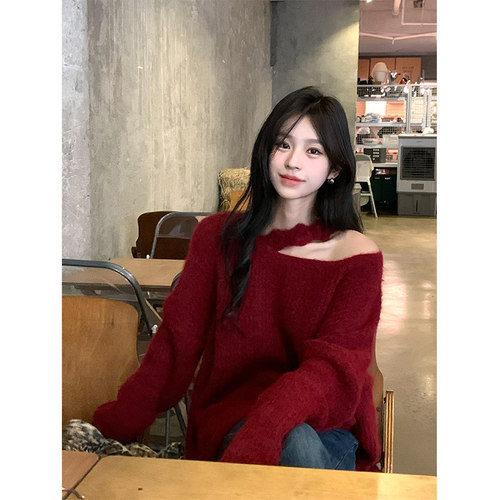 Adan 设计感钩花红色毛衣女秋冬宽松慵懒软糯羊毛针织衫内搭上衣