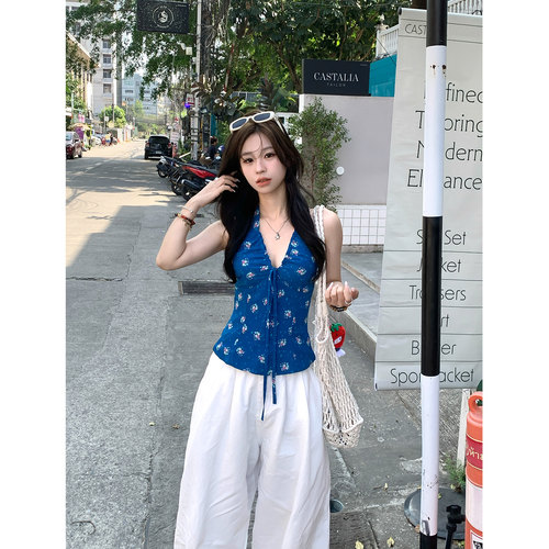 Adan 蓝色碎花挂脖背心2026夏季韩系纯欲气质修身显瘦显白吊带女