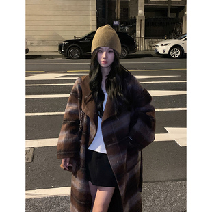 复古宽松大翻领中长款 Adan撞色格纹双面呢大衣2024冬季 羊毛外套女