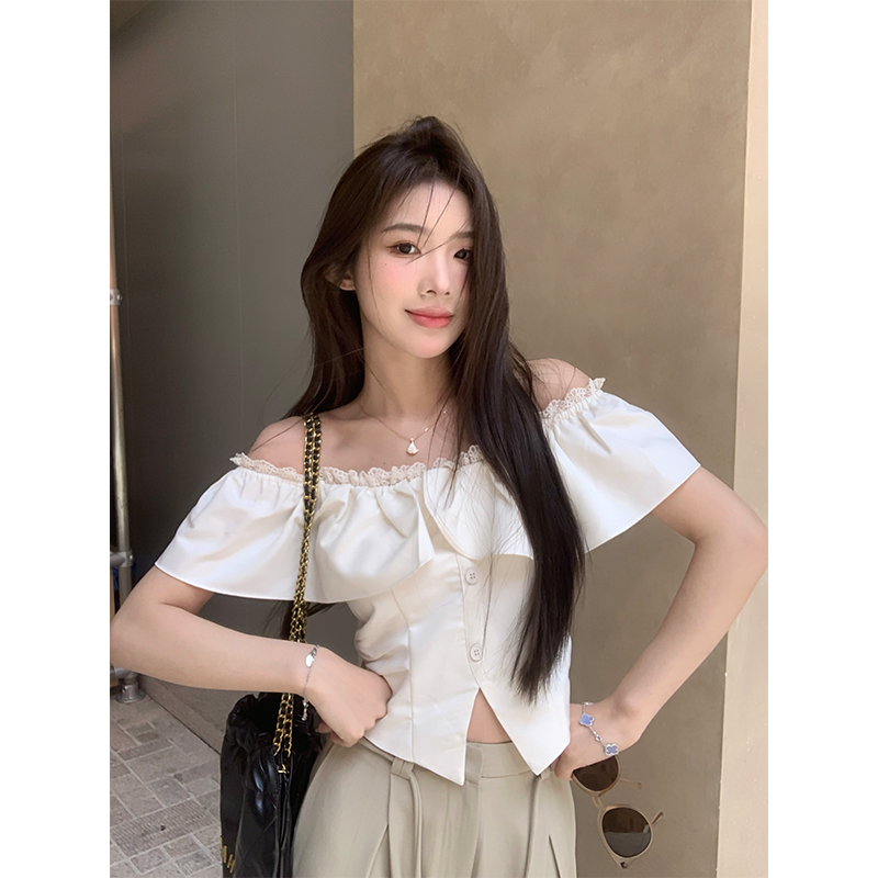 Adan荷叶边露肩上衣2025韩版修身显瘦气质设计感不规则短款衬衫女