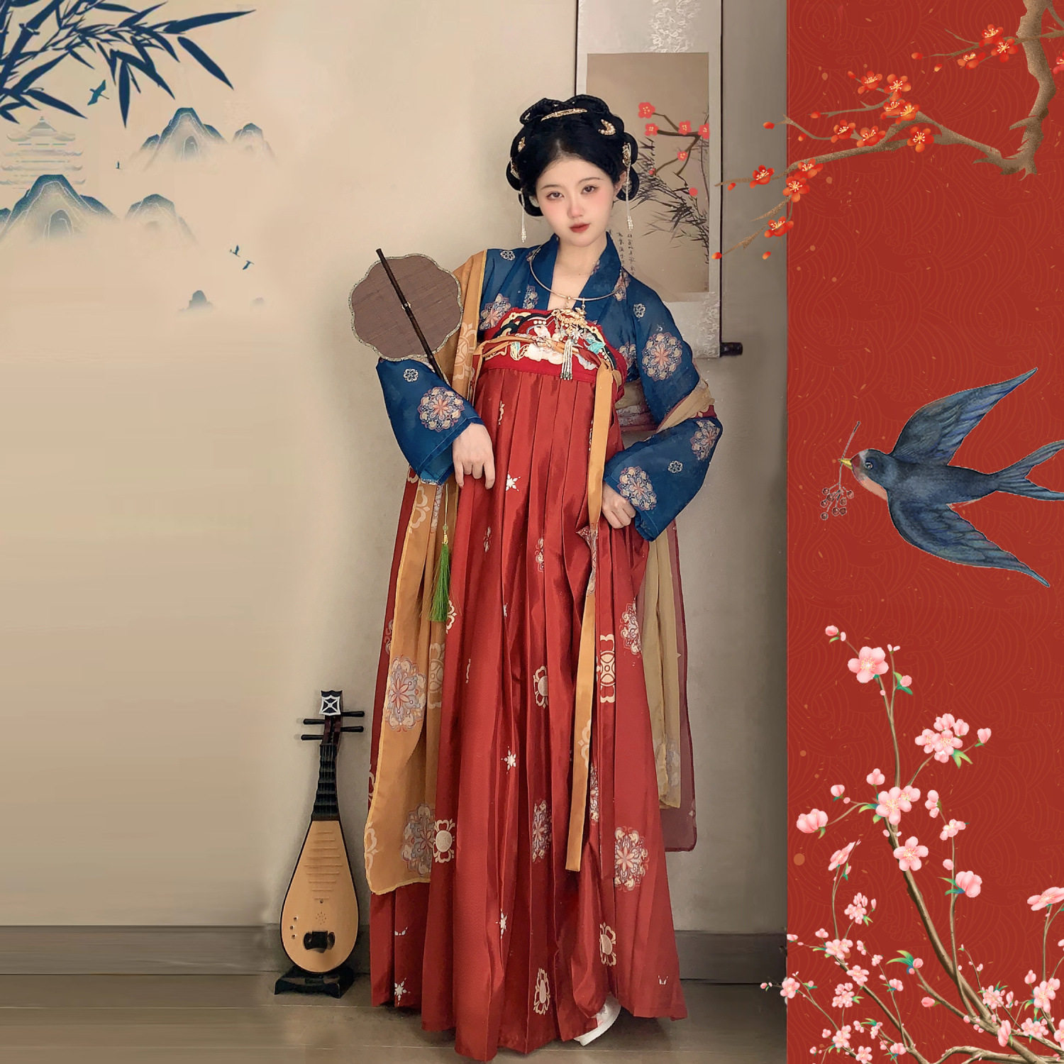 汉服女春唐制齐胸襦裙国风白菜闺蜜款古风套装蓝色上衫