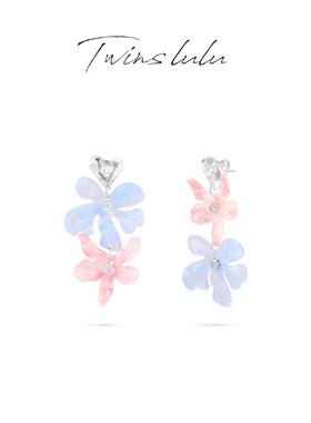TWINS LULU精致度假风粉蓝色花朵耳环TSL2974女神节礼物