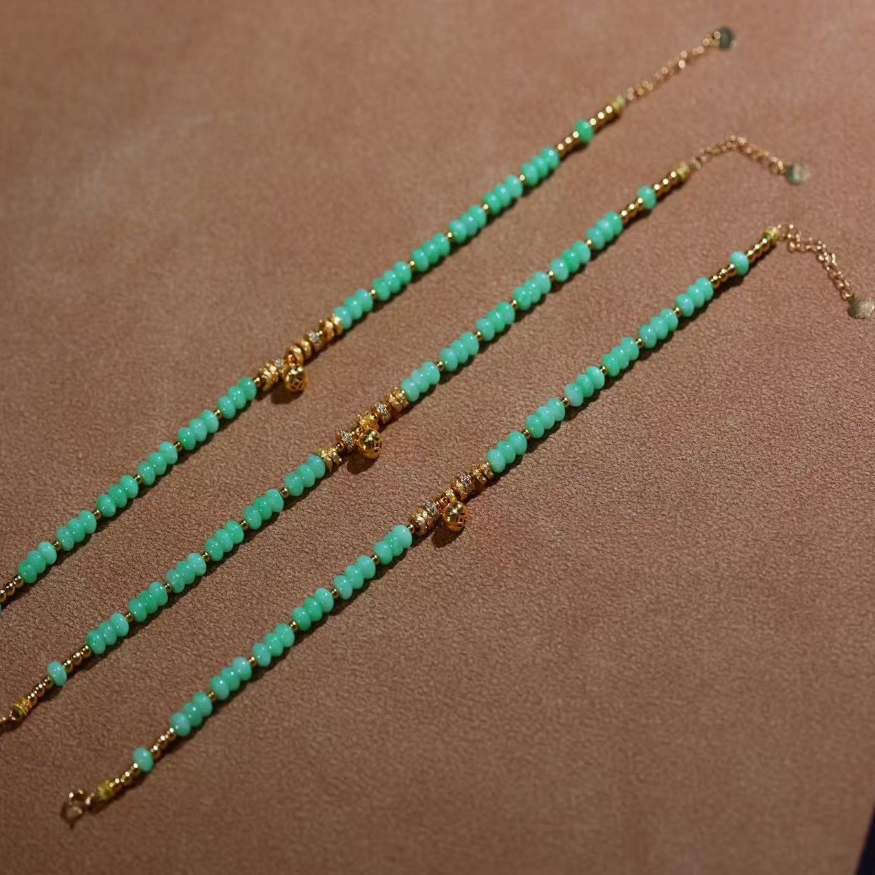 花桐里 《韶光》甜绿重金手串翡翠算盘珠18K金手链可调节长短