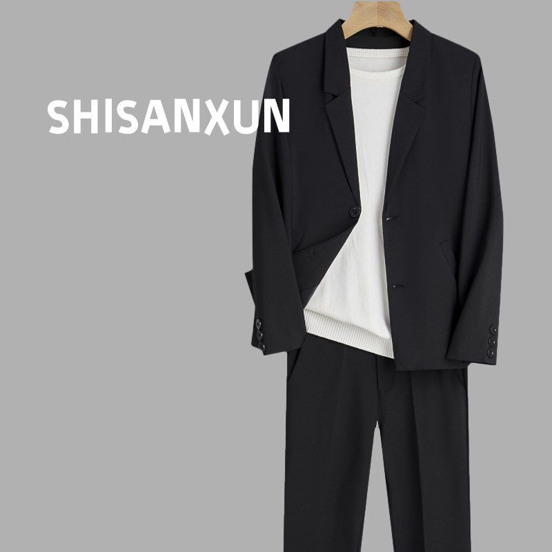 SHISANXUN 가을 한국 버전의 트렌디한 캐주얼 슈트 2피스 세트 남성용 루즈하고 잘생긴 전문 정장 슈트