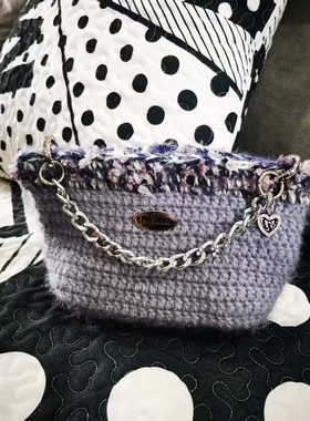 女式手工针织单肩手提女包红色/灰色