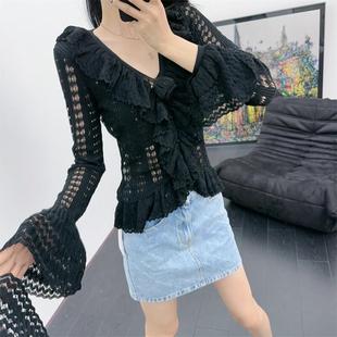 蕾丝打底衫女春夏季新款高端欧货小衫时髦洋气修身显瘦荷叶边上衣