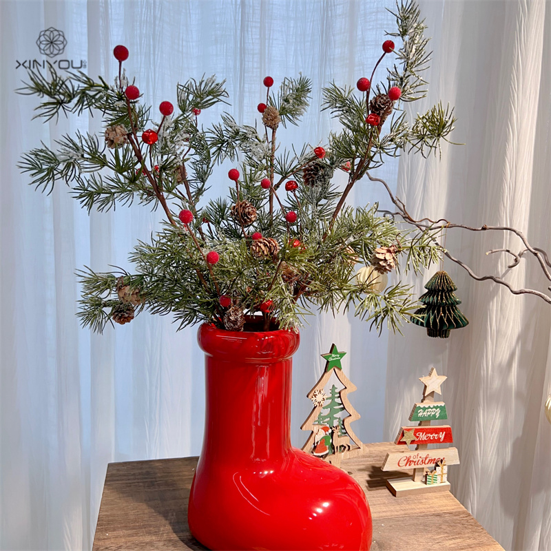 【心悠】圣诞小红靴仿真插花松针小红书同款松针摆件DIY礼物配件