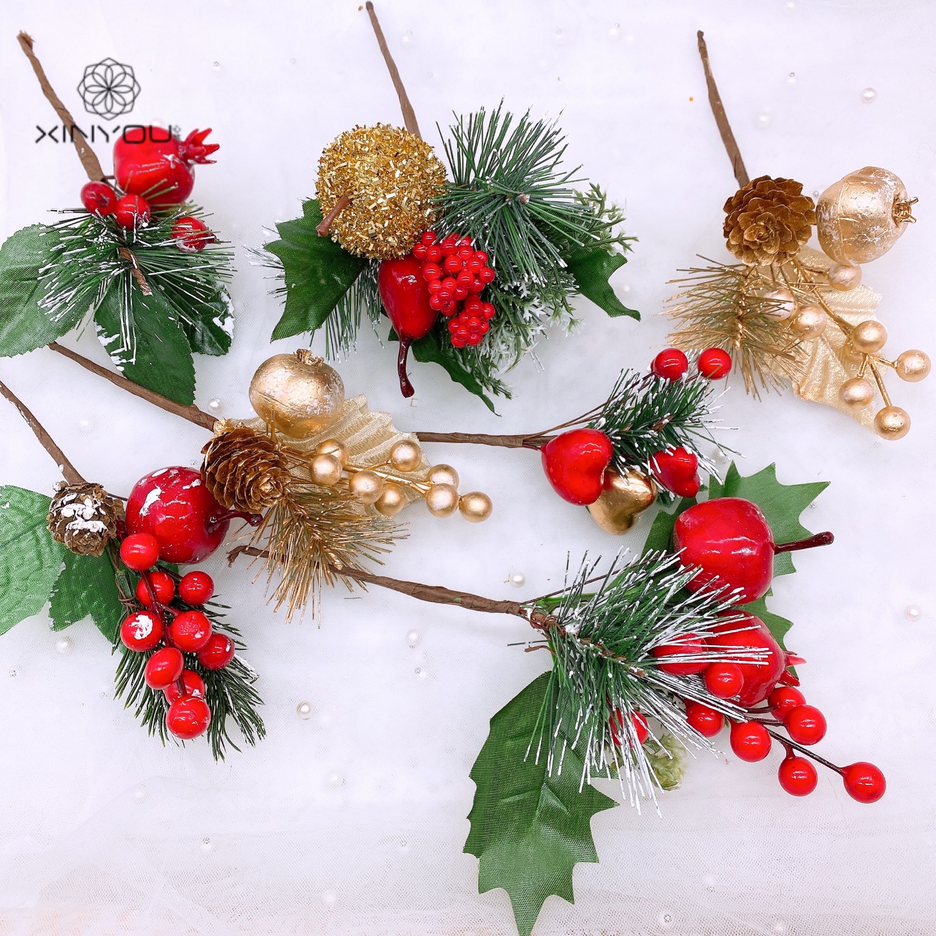 心悠圣诞节松针红果短枝插花插件