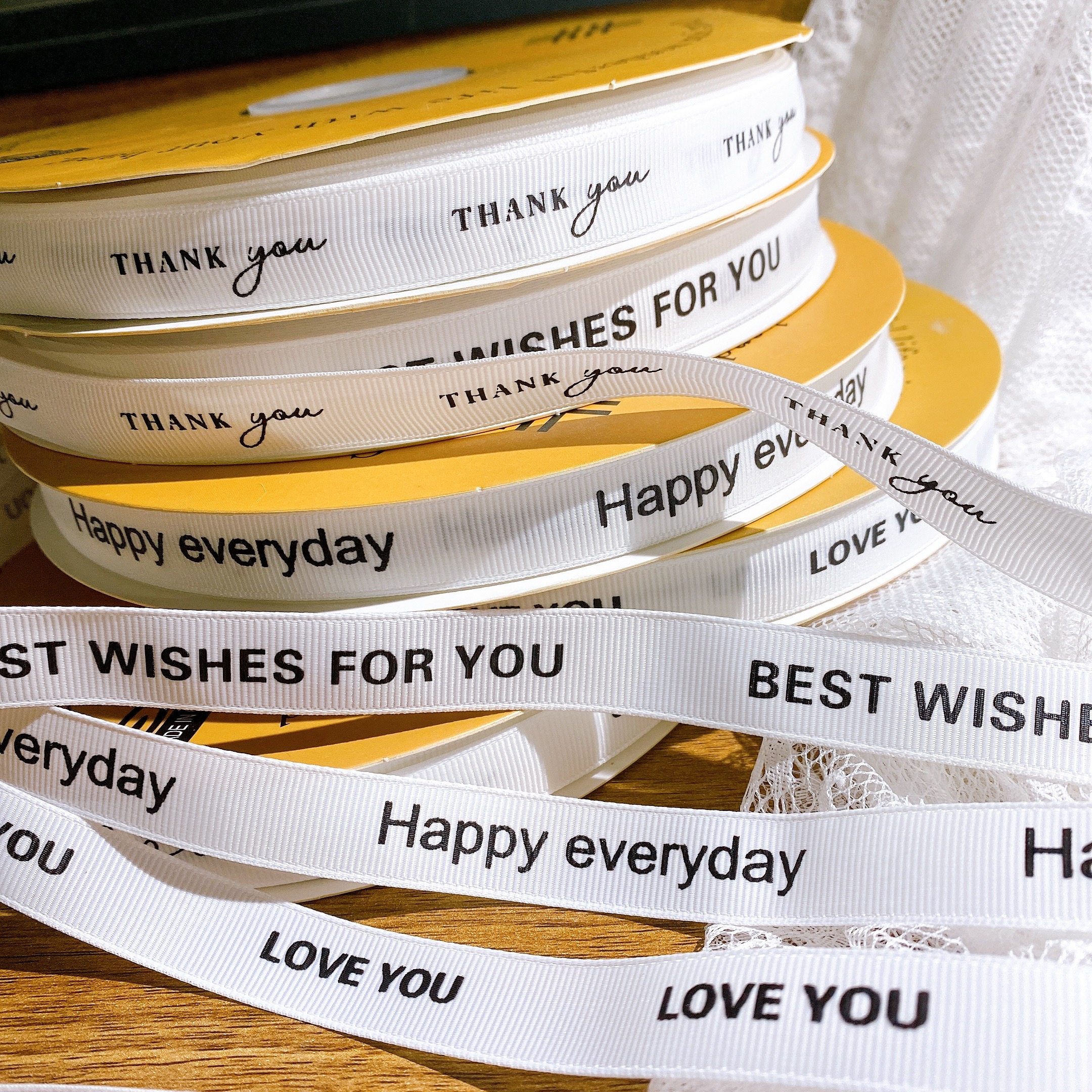 5英文螺纹缎带鲜花花束绑带花艺礼品礼盒礼物白色印花丝带