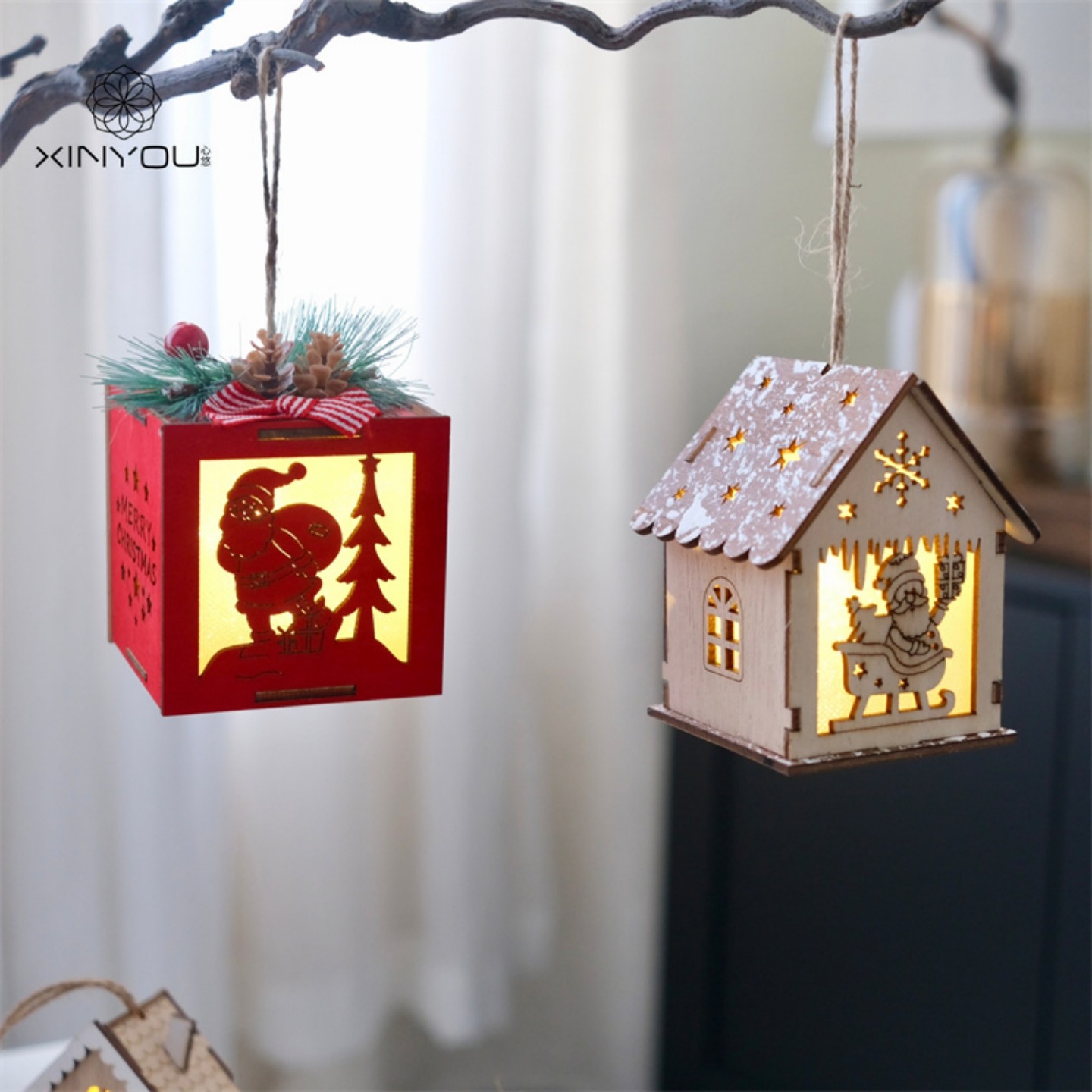 圣诞节木质挂件发光小屋装饰摆件