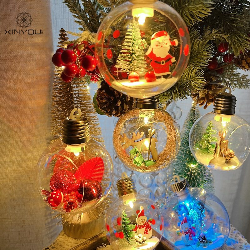 心悠新款8cm透明带灯彩球吊球圣诞节装饰品圣诞装饰球橱窗圣诞球