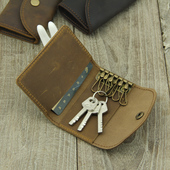 手工疯马皮钥匙包大容量卡位牛皮多功能锁匙扣可放零钱男士 复古