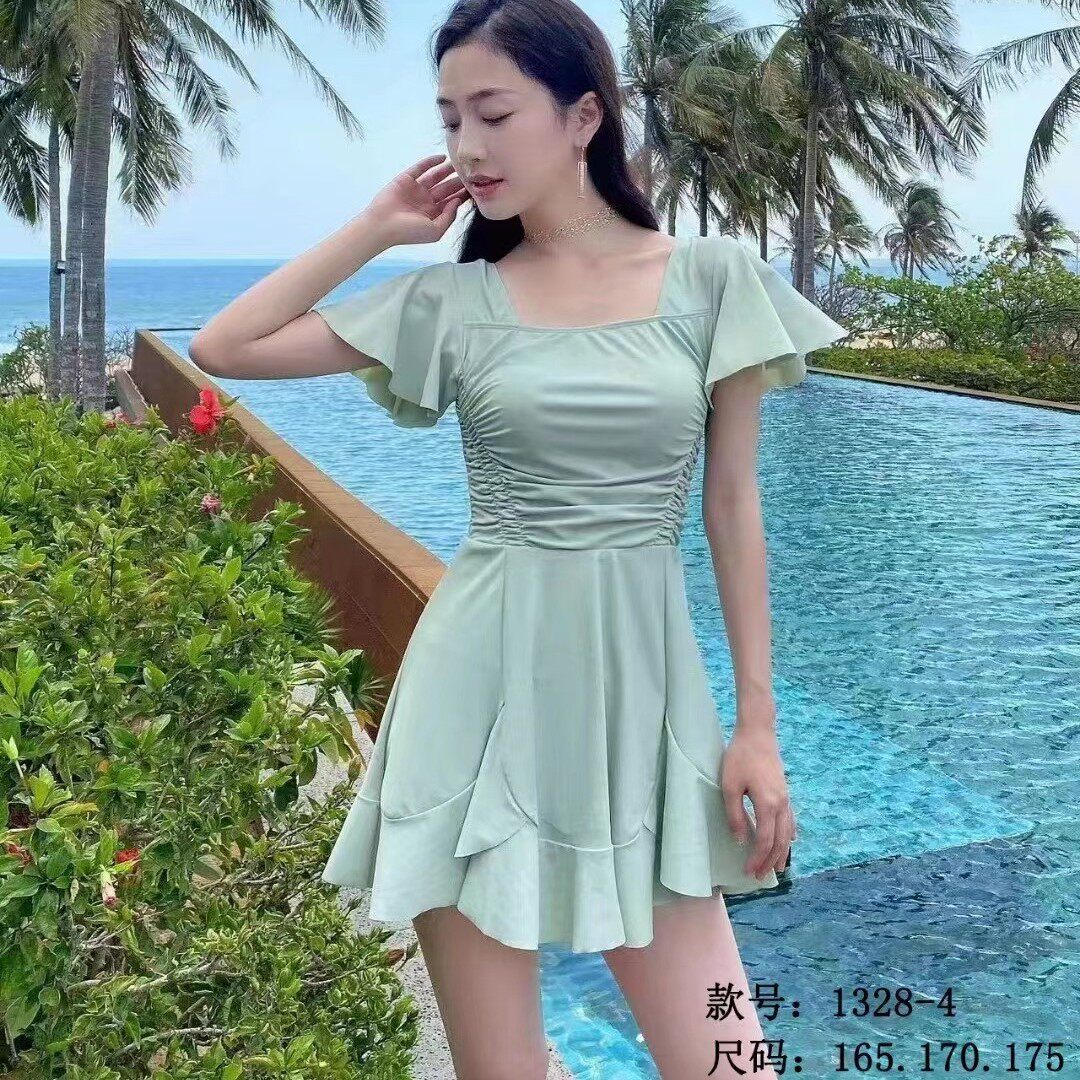 颖熙梦泳衣女连体裙式遮肚显瘦遮手臂微胖女孩网红风保守夏季泳装