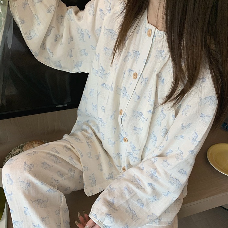 A类全棉纯棉双层婴儿纱布长袖睡衣女2025春夏秋季新款家居服套装