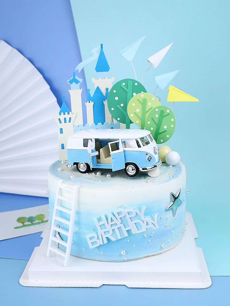 卡通复古巴士玩偶摆件纸质树城堡插件甜品派对装扮 生日蛋糕装饰