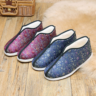 传统冬老北京缎子面女棉鞋老式奶奶千层布手工纳底老人棉靴鸡冠花