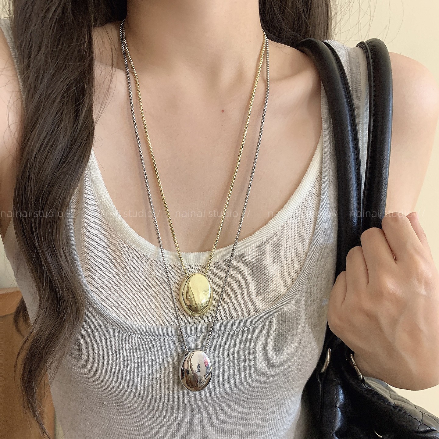 金属椭圆项链~ins风韩系冷淡风吊坠卫衣毛衣链小众设计个性配饰女