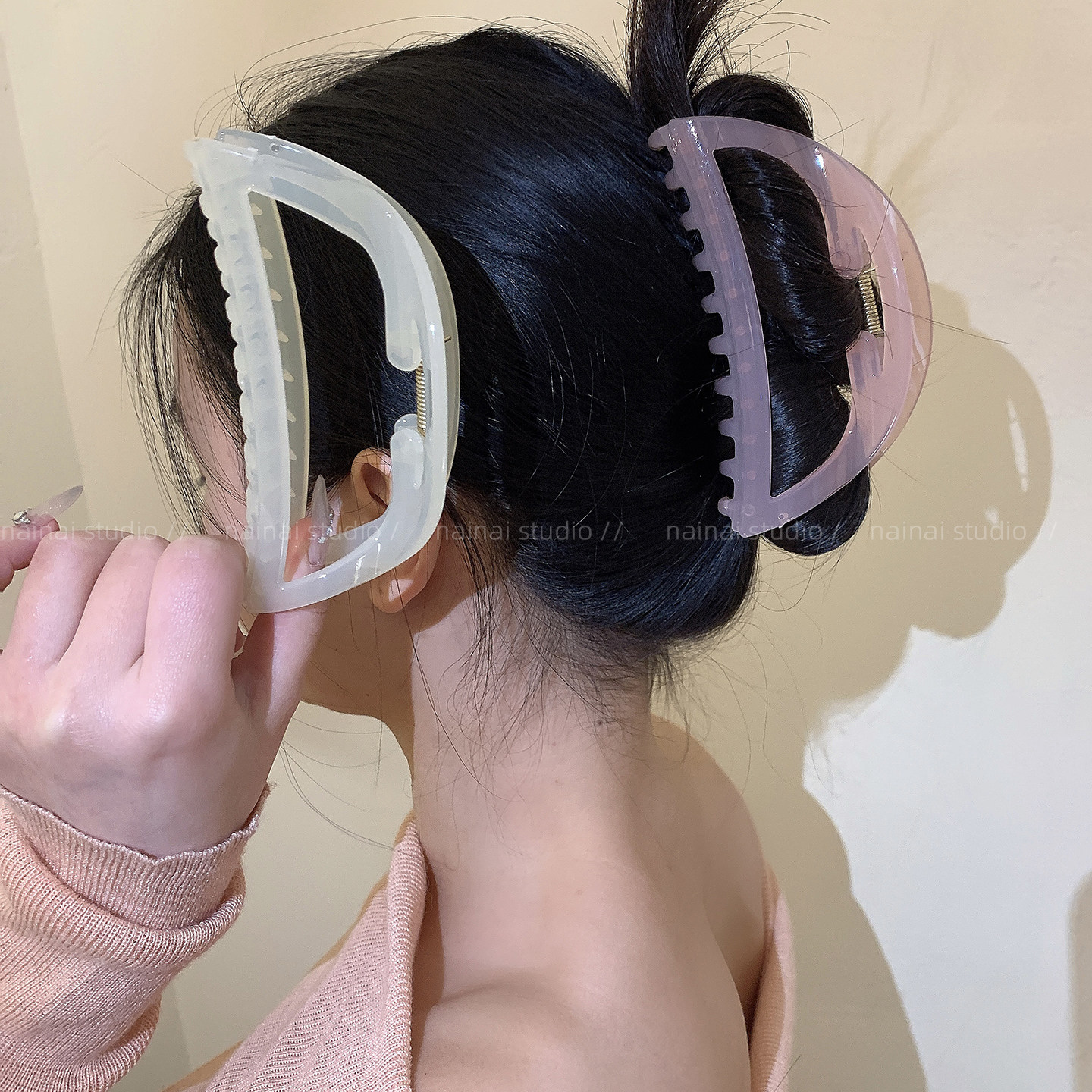 粉色半圆抓夹~果冻色小清新少女心后脑勺盘发鲨鱼夹发夹甜美发饰A