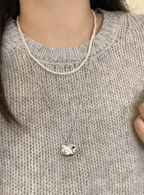 KT抽拉项链~珍珠双层Kitty猫咪长款毛衣链卫衣链叠戴小众配饰女秋