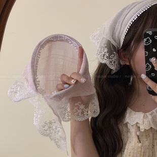 发箍版本！三角头巾懒人红蓝格子蕾丝花边头箍法式多巴胺包头发饰