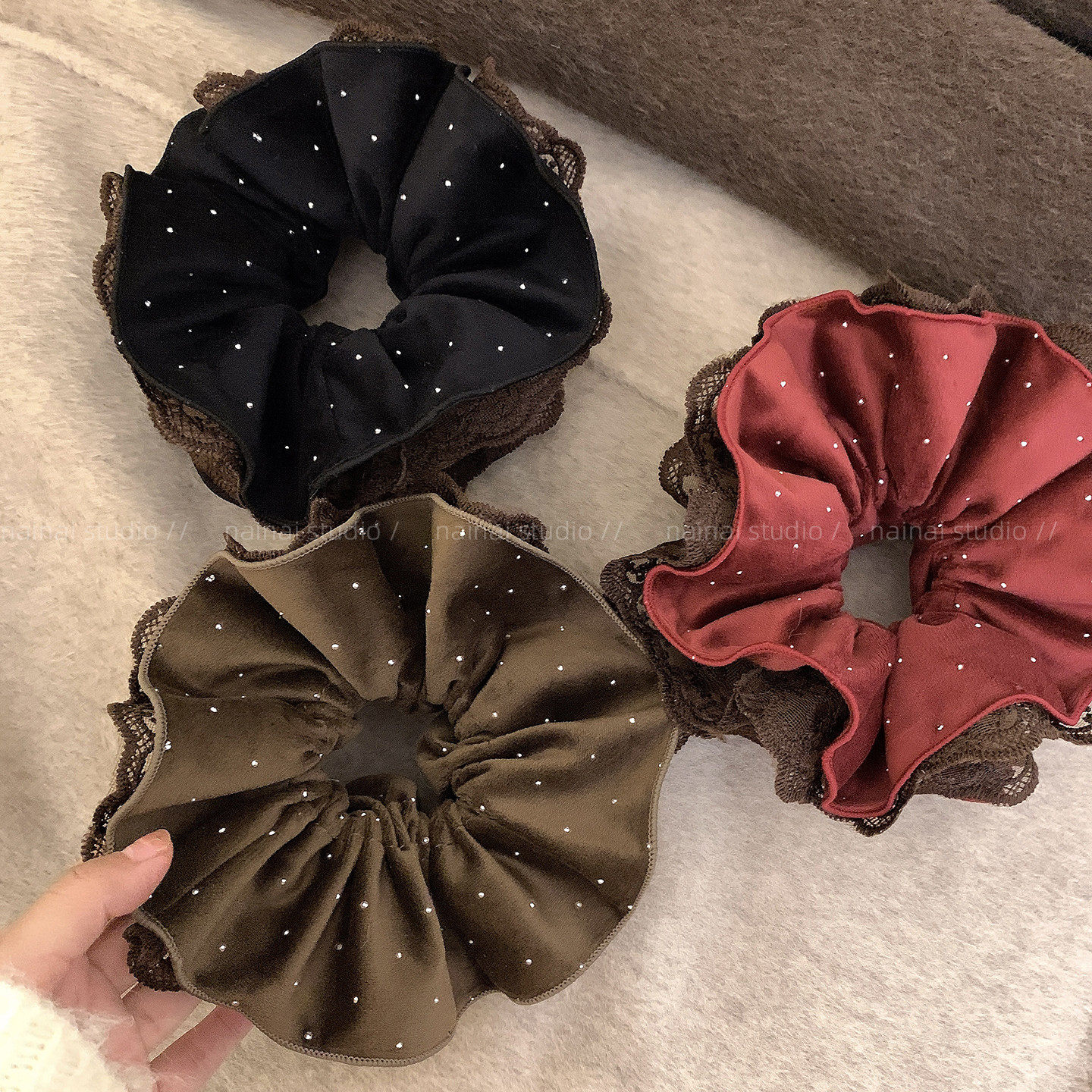 丝绒蕾丝大肠发圈~4层大号满天星闪钻氛围感丸子头低马尾发绳头绳