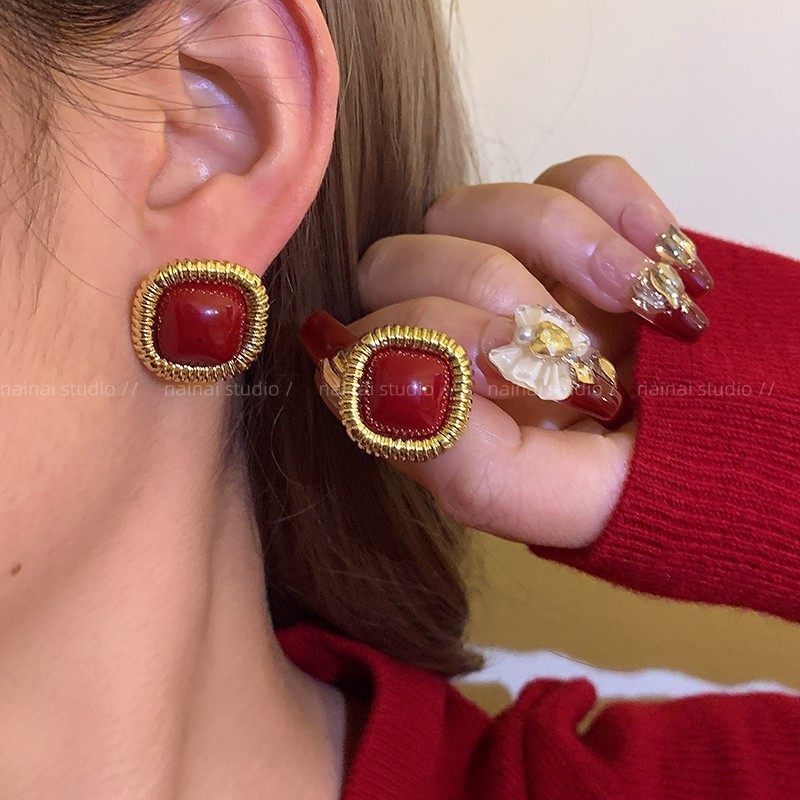 新年红色系耳环~高级感复古法式滴油小众圆圈耳圈耳钉港风耳饰潮