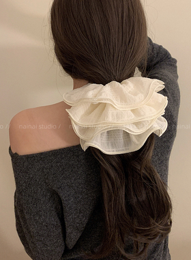 4层超大号！黑色+白色花边褶皱高级感大肠发圈慵懒法式韩系发绳女