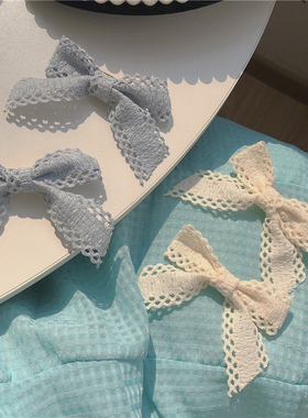 奶蓝色发夹2只装~春天的颜色 奶油米蕾丝蝴蝶结发圈发饰少女发绳