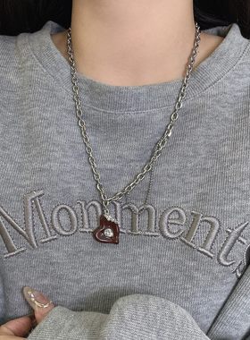 酒红色爱心项链~小众设计高级感毛衣链2025秋冬新款卫衣链女配饰A