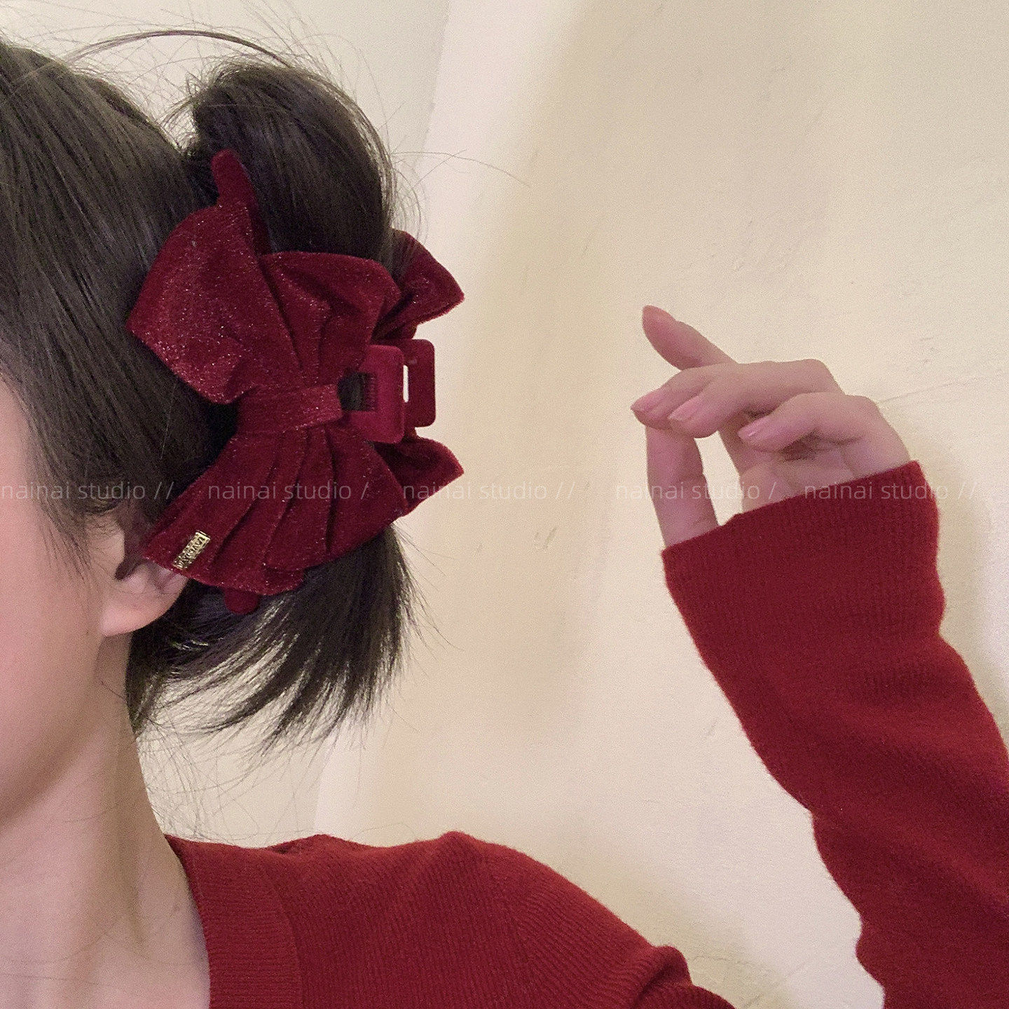 红色丝绒蝴蝶结抓夹~新年款细闪复古法式后脑勺盘发大号鲨鱼夹女A