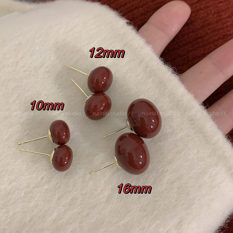 馒头珍珠！新年酒红色耳钉高级感喜庆过年耳环2025年新款爆款耳饰