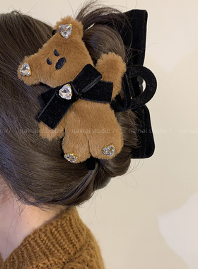 毛绒绒小熊！双面佩戴~黑色丝绒蝴蝶结抓夹原创复古可爱鲨鱼夹女
