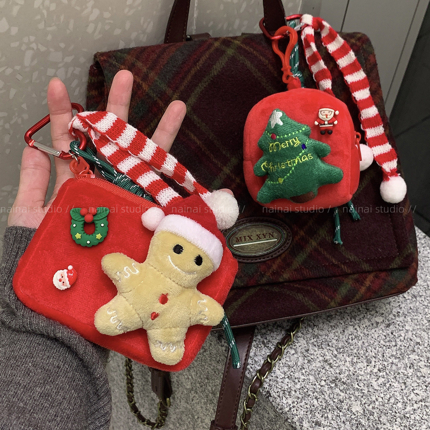 圣诞节包包挂件~可爱毛绒姜饼人老人圣诞树耳机包挂饰车钥匙扣女A