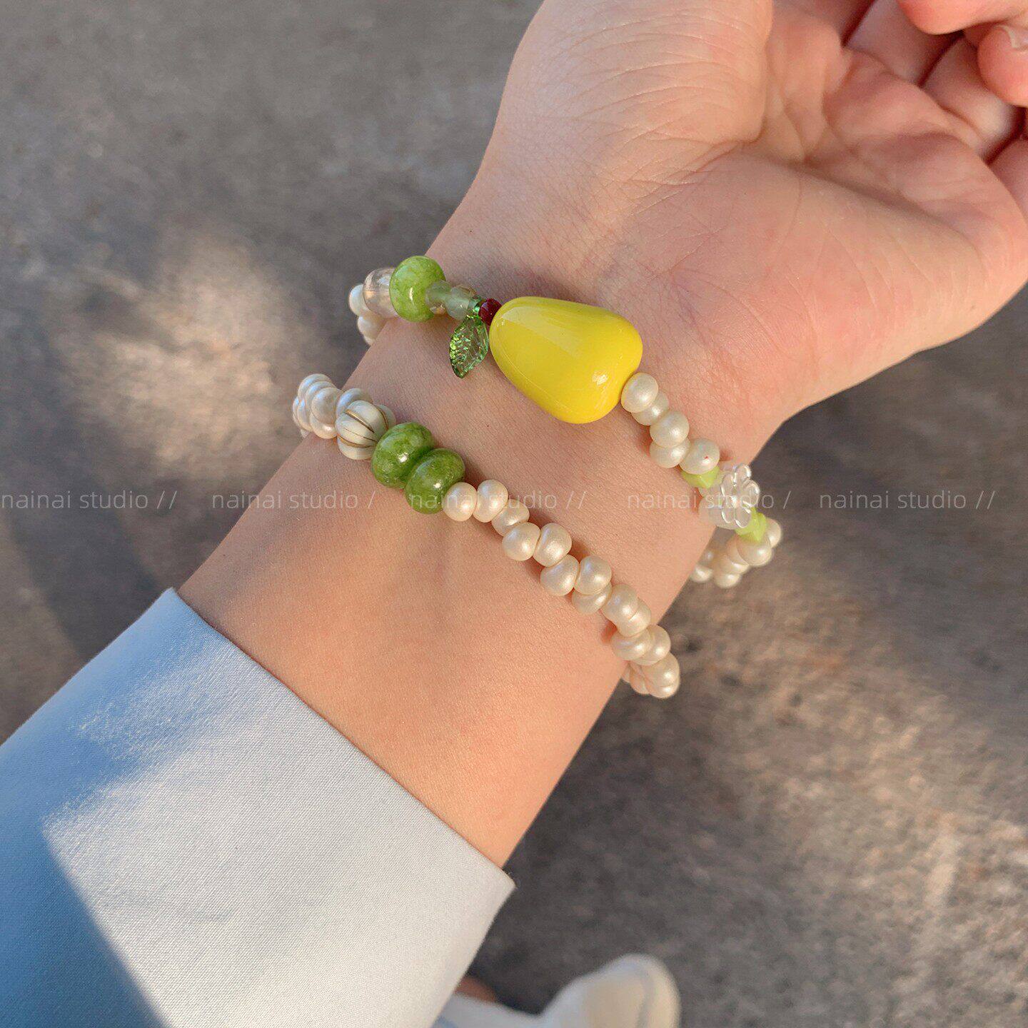梨子手链~珍珠串珠清新黄色小梨花叠戴手串手饰2026春夏新款配饰