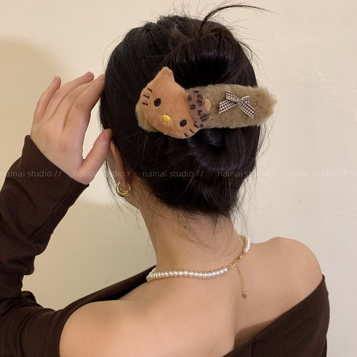豹纹KT毛绒发夹~后脑勺盘发大号鸭嘴夹发饰卡通猫咪抓夹鲨鱼夹女