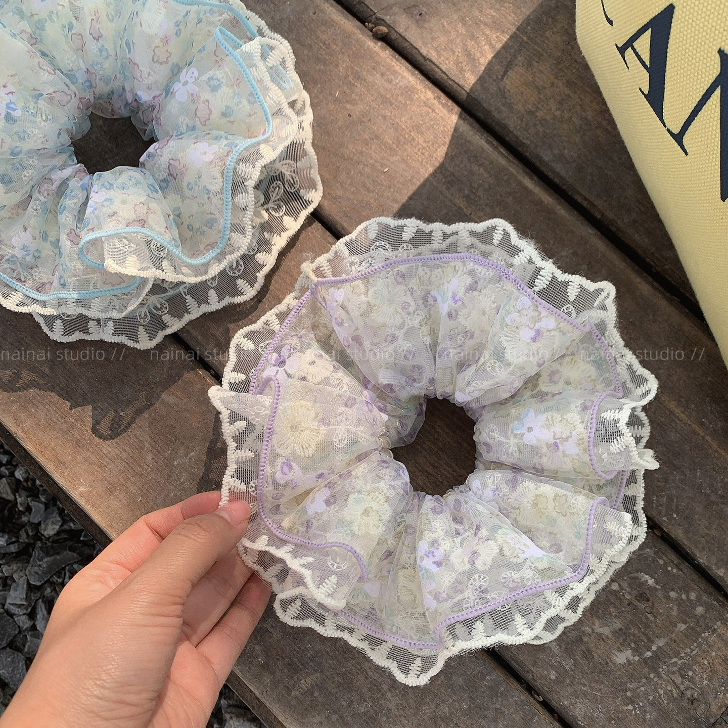 紫色+蓝色大肠发圈~蕾丝花边小碎花超仙4层气质大号丸子头发绳女