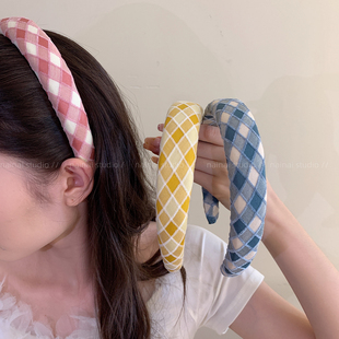 高颅顶头箍发卡发饰 新款 小清新格子发箍 粉色甜美少女心2025夏季