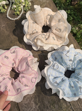 KT猫大肠发圈~蕾丝花边格纹4层大号丸子头发绳头绳扎头发粉色头花