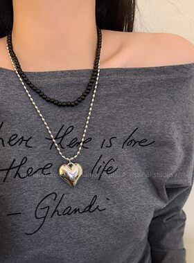 黑色爱心项链~fever同款韩国博主ins风毛衣链秋季新款卫衣链长款