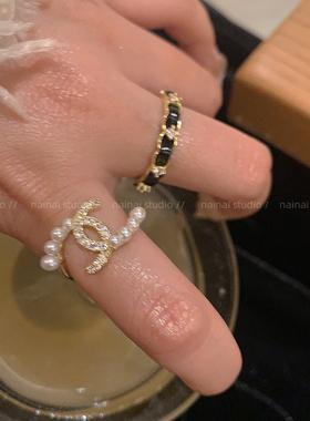 双C戒指~珍珠锆石开口指环2026新款爆款高级感ins小众设计食指戒