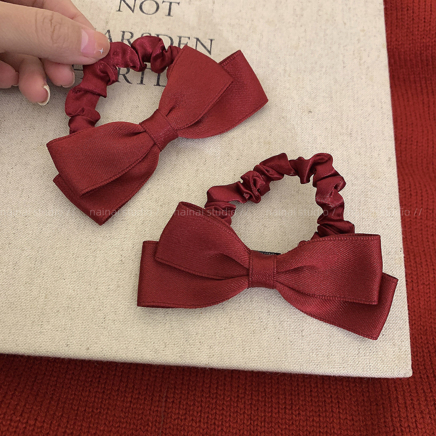 红色蝴蝶结发圈~新年甜美发夹扎头发橡皮筋小肠发绳头绳发饰女冬A